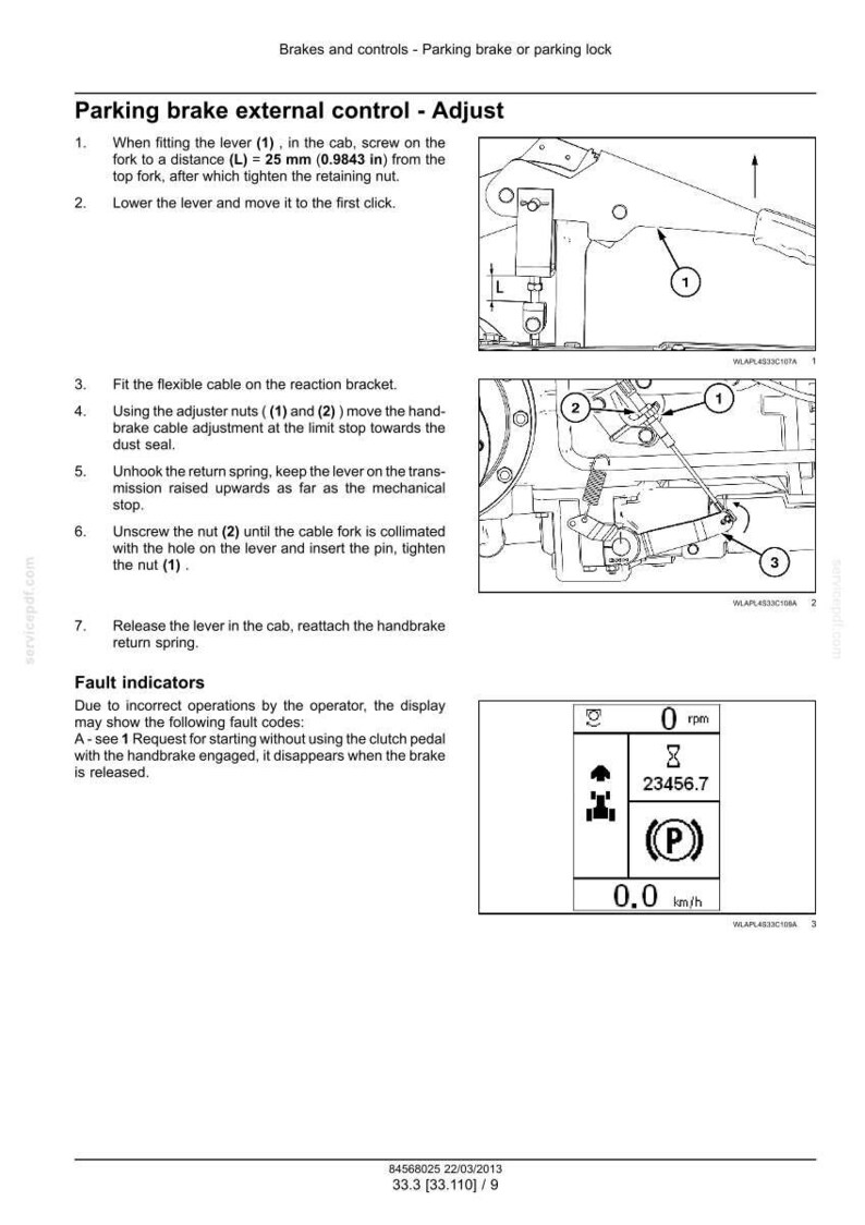 May include: Diagram of parking brake adjustment instructions. Includes illustrations of the lever, nuts, and cable. Also shows fault indicators with a digital display showing 0 rpm, 23456.7, and 0.0 km/h.