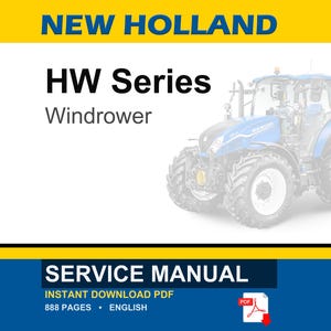 以下が含まれることがあります： New Holland HWシリーズウィンドローワーのサービスマニュアル。表紙にはNEW HOLLAND、HW Series、Windrower、SERVICE MANUALの文字が記載されています。青いトラクターのイラストと赤いPDFアイコンがあり、英語で888ページと記されています。
