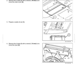 May include: Diagram illustrating the removal of an oil cooler/heat exchanger. The image shows steps for draining fluid, removing bolts with wrenches (19 mm and 13 mm), and preparing a waste oil can. The diagram includes numbered components.