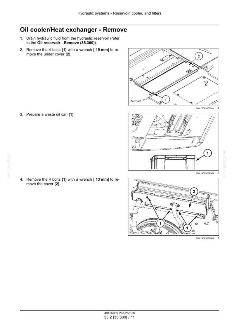 May include: Diagram illustrating the removal of an oil cooler/heat exchanger. The image shows steps for draining fluid, removing bolts with wrenches (19 mm and 13 mm), and preparing a waste oil can. The diagram includes numbered components.
