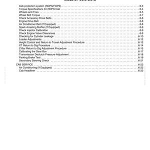 May include: A page from a manual titled "Chapter 6 - Maintenance and Adjustments." The table of contents lists topics like "Wheels and Tires," "Engine Drive Belt," and "Parking Brake Test."