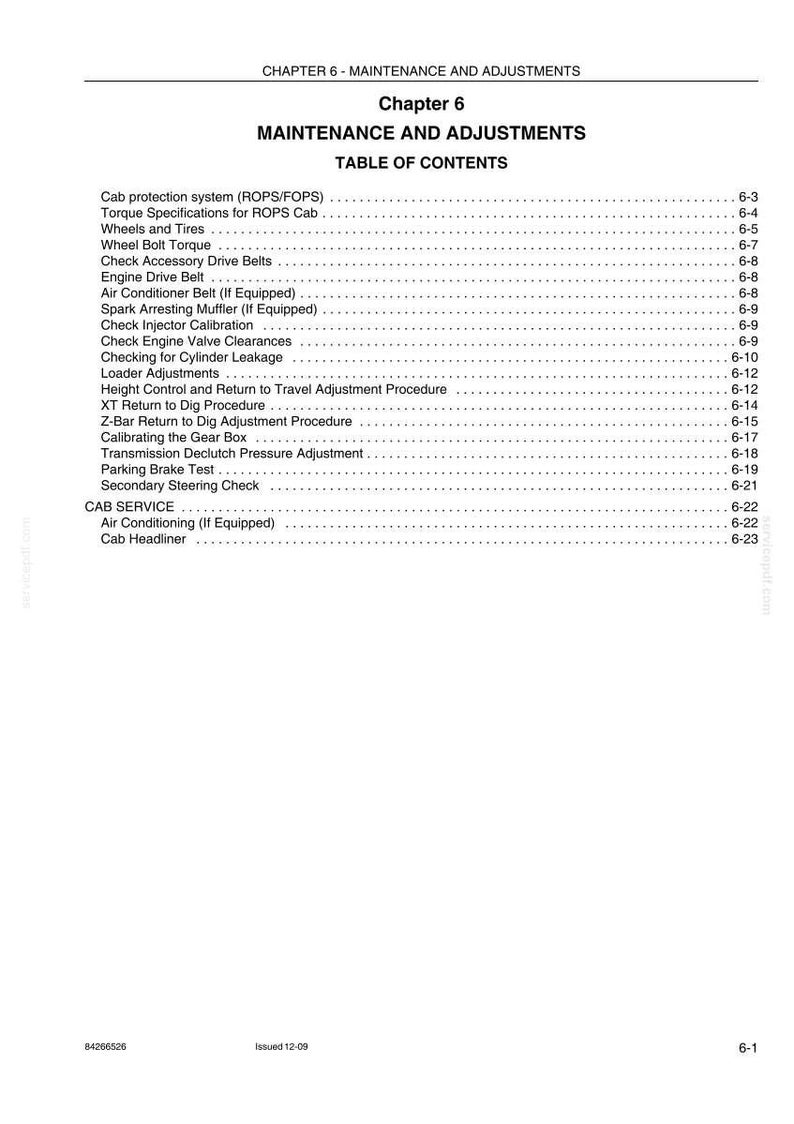 May include: A page from a manual titled "Chapter 6 - Maintenance and Adjustments." The table of contents lists topics like "Wheels and Tires," "Engine Drive Belt," and "Parking Brake Test."