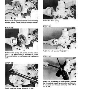 Pu&ograve; includere: Una serie di sei immagini in bianco e nero che illustrano i passaggi per la riparazione del motore. I passaggi includono la rimozione del vecchio materiale della guarnizione, l'installazione di una nuova pompa e il controllo della ventola. Il testo accompagna ogni passaggio.