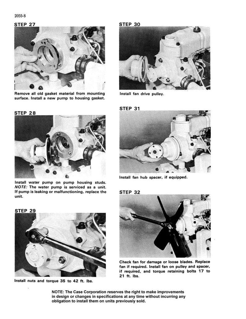 Pu&ograve; includere: Una serie di sei immagini in bianco e nero che illustrano i passaggi per la riparazione del motore. I passaggi includono la rimozione del vecchio materiale della guarnizione, l'installazione di una nuova pompa e il controllo della ventola. Il testo accompagna ogni passaggio.