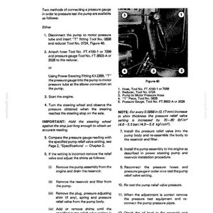 Op de afbeelding: Een pagina uit een handleiding met details over druktestprocedures voor een pomp. De tekst bevat instructies voor het aansluiten van een manometer, het starten van de motor en het afstellen van vulplaten. Figuur 40 illustreert de componenten.