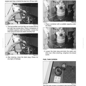 May include: A grayscale image from a maintenance manual detailing fuel system maintenance. The image shows close-ups of fuel filters, prefilters, and the fuel tank screen, with accompanying text instructions for bleeding and cleaning.