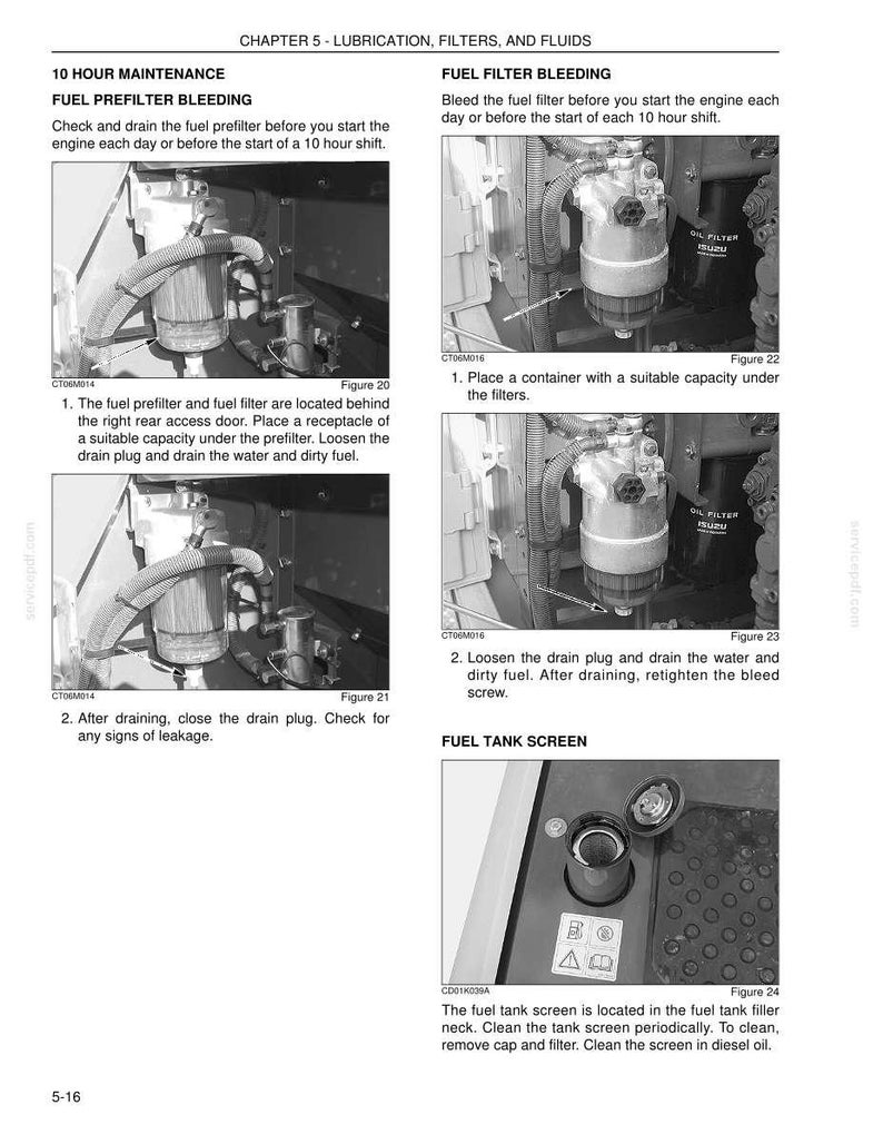May include: A grayscale image from a maintenance manual detailing fuel system maintenance. The image shows close-ups of fuel filters, prefilters, and the fuel tank screen, with accompanying text instructions for bleeding and cleaning.