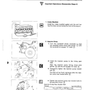 Peut inclure: Une page de manuel technique intitul&eacute;e Engine Assembly III 5-25, d&eacute;taillant les &eacute;tapes de remontage du collecteur d'admission et de la pompe &agrave; injection. Elle inclut des sch&eacute;mas num&eacute;rot&eacute;s, du texte explicatif et des couples de serrage en kg-m, lb-ft et N-m.