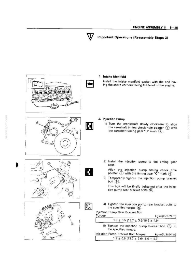 Peut inclure: Une page de manuel technique intitul&eacute;e Engine Assembly III 5-25, d&eacute;taillant les &eacute;tapes de remontage du collecteur d'admission et de la pompe &agrave; injection. Elle inclut des sch&eacute;mas num&eacute;rot&eacute;s, du texte explicatif et des couples de serrage en kg-m, lb-ft et N-m.