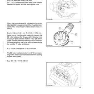 May include: Page from a technical manual, "SECTION 25 - FRONT AXLE", with diagrams and text. Illustrations show mechanical components with labels and measurements. The text provides instructions for measuring and adjusting parts, including values in millimeters.