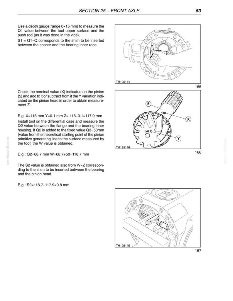 May include: Page from a technical manual, "SECTION 25 - FRONT AXLE", with diagrams and text. Illustrations show mechanical components with labels and measurements. The text provides instructions for measuring and adjusting parts, including values in millimeters.