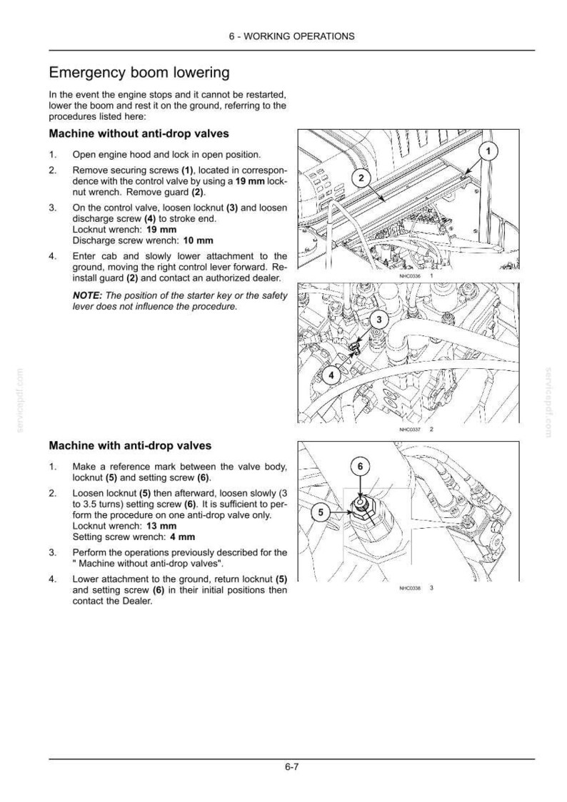 May include: A technical manual page titled Emergency boom lowering, featuring black and white line drawings of machinery components labeled 1 through 6. The text provides instructions for machines with and without anti-drop valves, including specific 19 mm, 10 mm, 13 mm, and 4 mm wrench sizes for maintenance procedures.