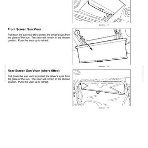 May include: A technical manual page titled 3 - CONTROLS AND INSTRUMENTS featuring black and white line drawings. It illustrates a sliding panel, a front screen sun visor labeled with a number 1, and a rear screen sun visor with instructions.