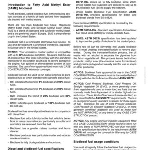 May include: A page from a manual detailing biodiesel fuels, including specifications, usage, and blends. The text covers topics like FAME biodiesel, fuel blends, and the importance of adhering to standards for engine health.