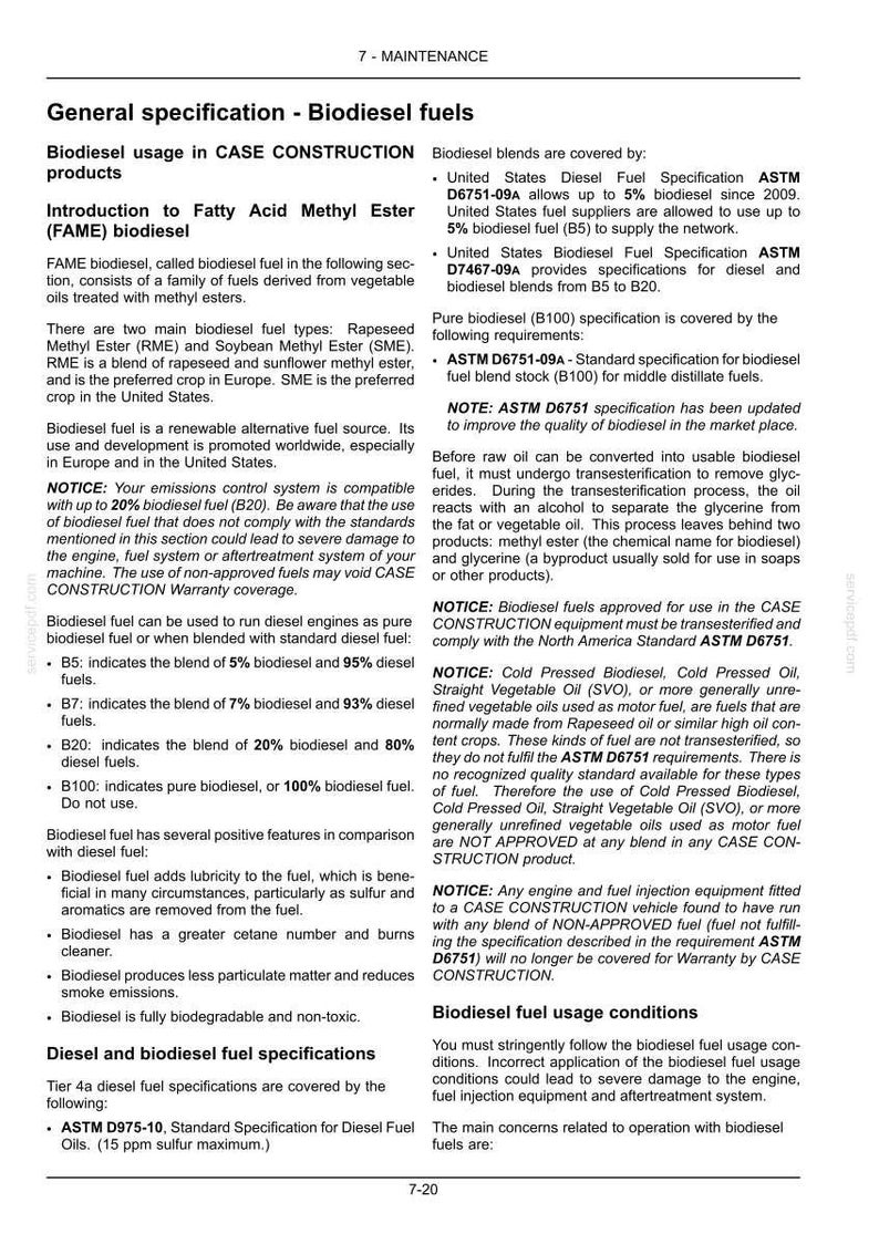 May include: A page from a manual detailing biodiesel fuels, including specifications, usage, and blends. The text covers topics like FAME biodiesel, fuel blends, and the importance of adhering to standards for engine health.