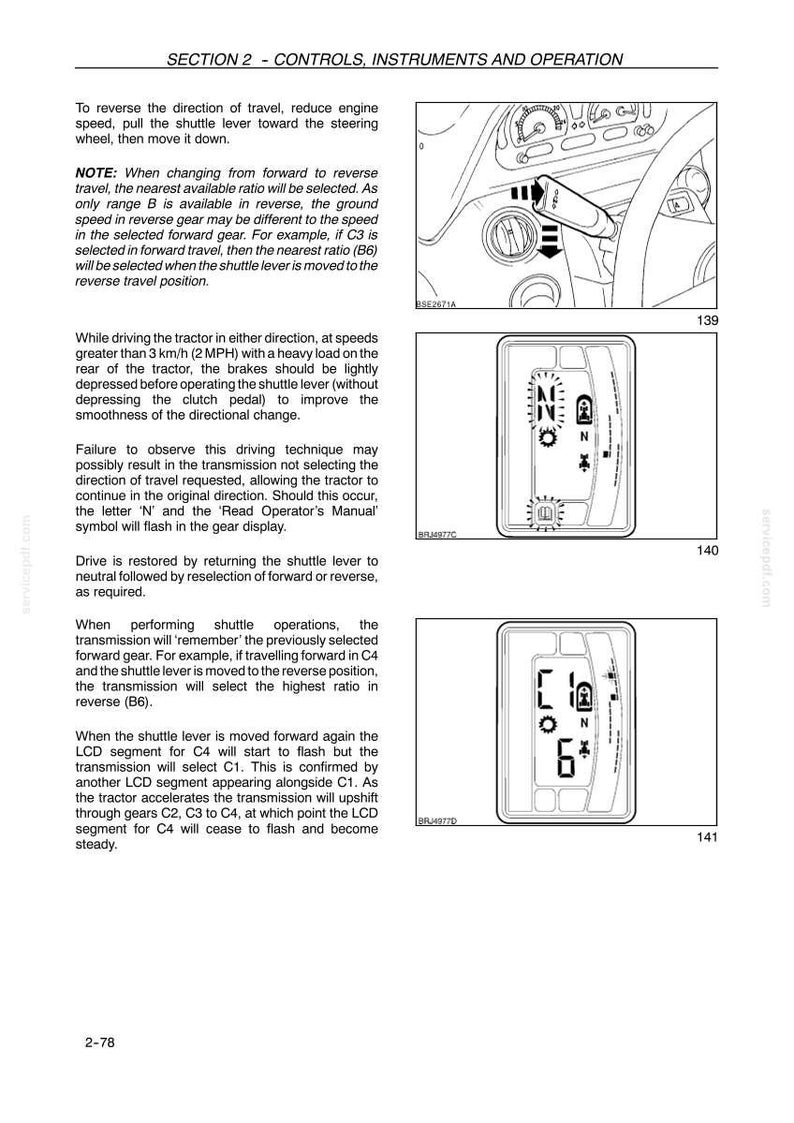 May include: A technical manual page titled SECTION 2 - CONTROLS, INSTRUMENTS AND OPERATION. It features three black and white diagrams showing a tractor shuttle lever, a gear display with the letter N, and a digital display showing C1 and 6.
