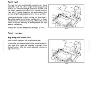 May include: A technical manual page titled 3-CONTROLS AND INSTRUMENTS featuring two diagrams of a tractor operator seat. The top diagram shows seat belt components labeled 1 and 2. The bottom diagram illustrates the seat adjustment lever labeled 1.