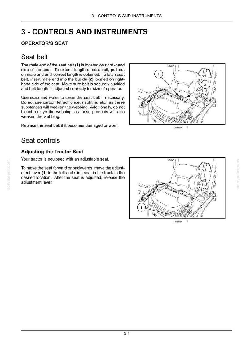 May include: A technical manual page titled 3-CONTROLS AND INSTRUMENTS featuring two diagrams of a tractor operator seat. The top diagram shows seat belt components labeled 1 and 2. The bottom diagram illustrates the seat adjustment lever labeled 1.