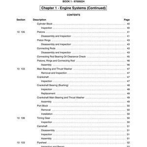 May include: A page from a manual titled "SECTION 10 - ENGINE" with a table of contents. The table lists engine components such as pistons, crankshaft, and timing gear, with corresponding page numbers. The text is in black font on a white background.