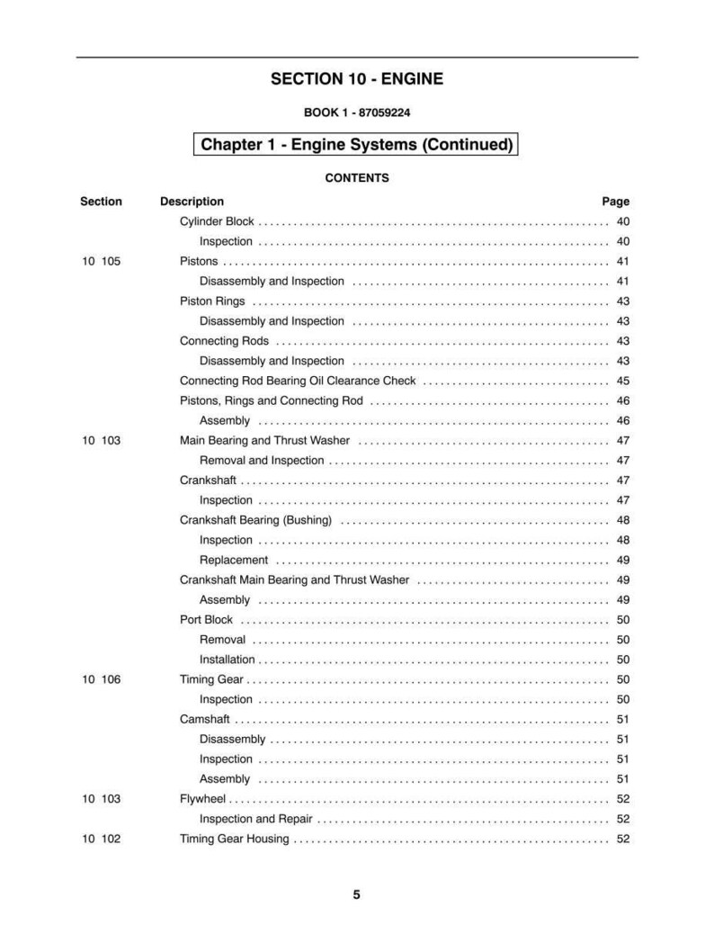 May include: A page from a manual titled "SECTION 10 - ENGINE" with a table of contents. The table lists engine components such as pistons, crankshaft, and timing gear, with corresponding page numbers. The text is in black font on a white background.