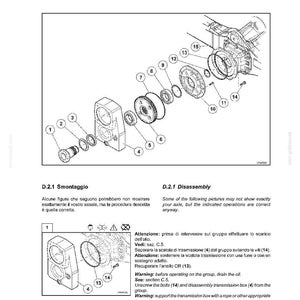 May include: An exploded diagram of a transmission box group, featuring various mechanical components. The image includes numbered parts, labels, and text in both English and Italian, detailing disassembly instructions and warnings. The Carraro logo is visible.