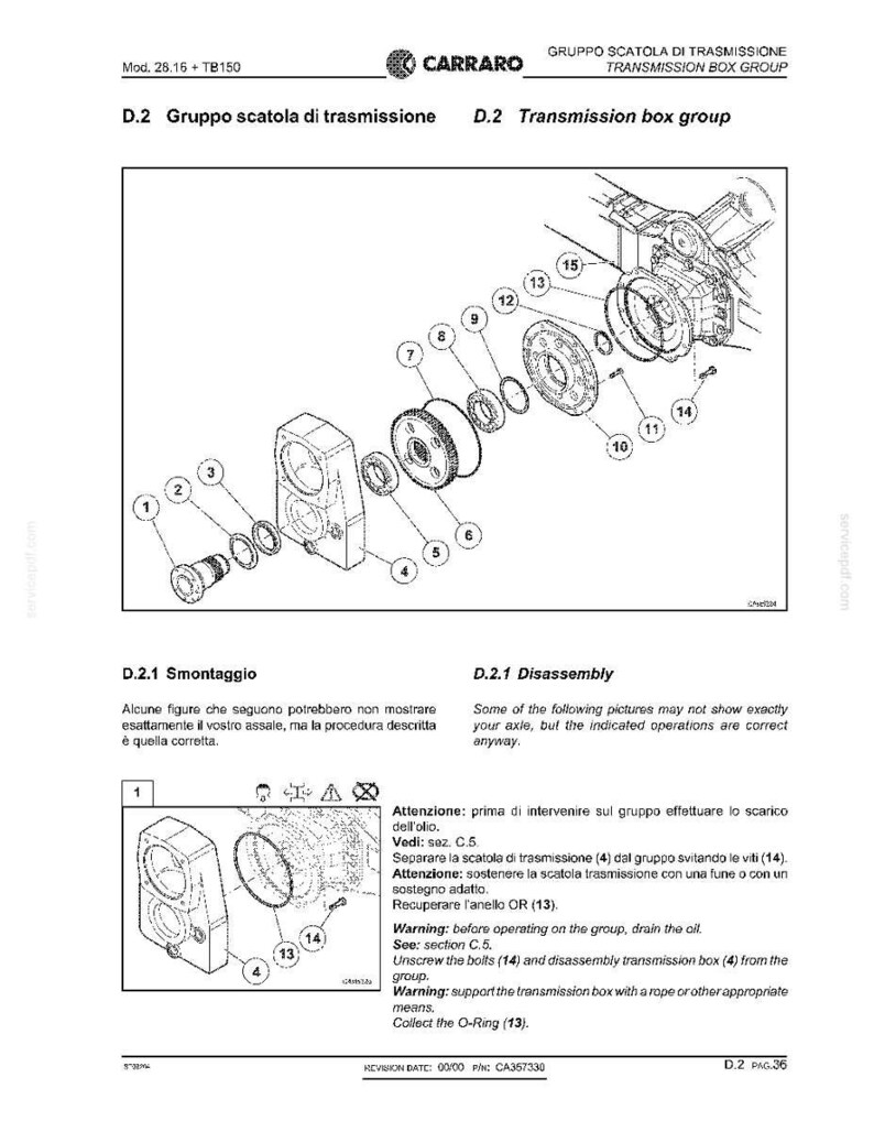 May include: An exploded diagram of a transmission box group, featuring various mechanical components. The image includes numbered parts, labels, and text in both English and Italian, detailing disassembly instructions and warnings. The Carraro logo is visible.