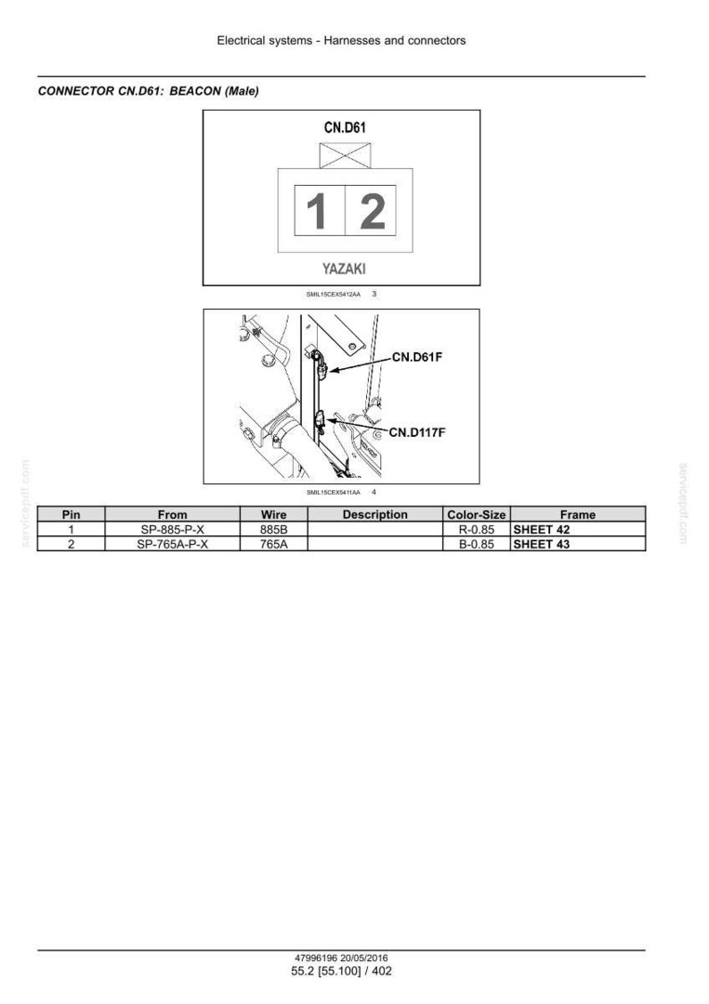 May include: Diagram of electrical connectors, labeled CN.D61, with a "BEACON (Male)" designation. Includes a table detailing pin connections, wire types, and color-size specifications. The text "YAZAKI" is also present.