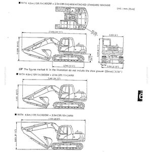 May include: A technical document titled Chapter 6. Reference Documents showing overall specifications for a Kobelco excavator. The diagram includes top, side, and rear views with detailed measurements in both millimeters and feet/inches for various boom and arm configurations.