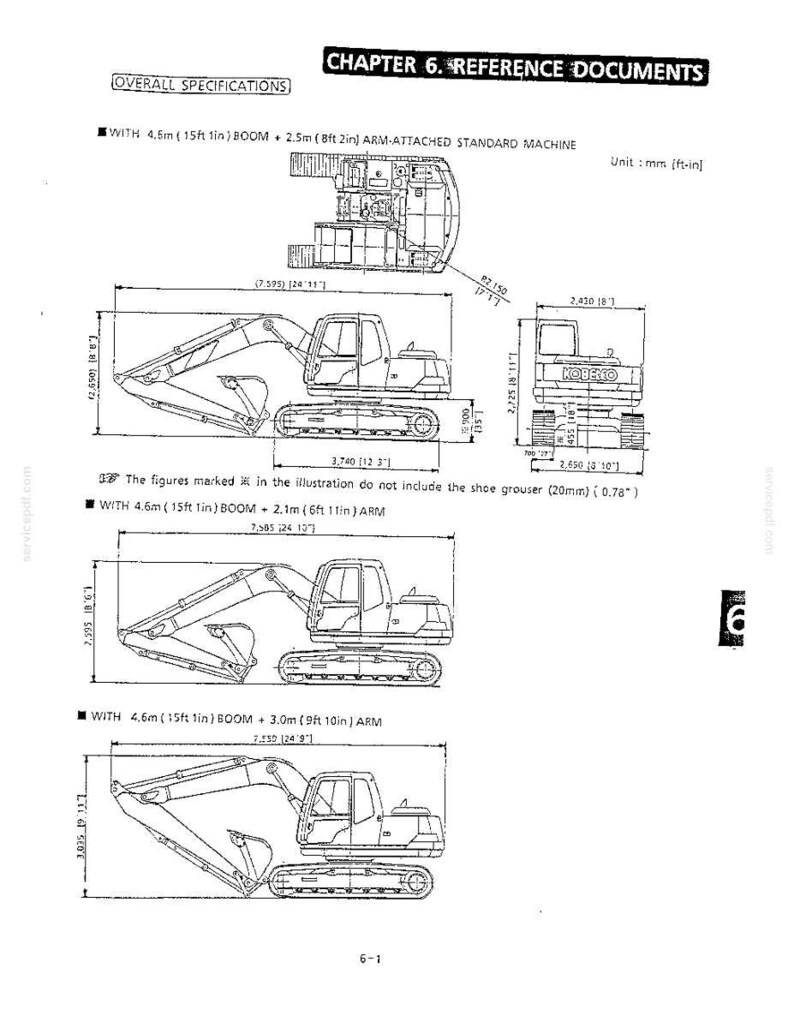 May include: A technical document titled Chapter 6. Reference Documents showing overall specifications for a Kobelco excavator. The diagram includes top, side, and rear views with detailed measurements in both millimeters and feet/inches for various boom and arm configurations.