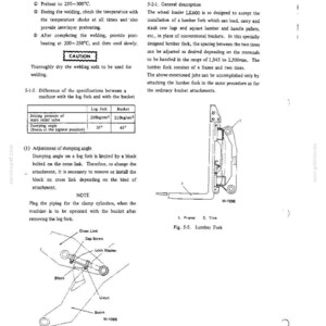 K&ouml;nnte beinhalten: Eine Seite aus einem technischen Handbuch, die den optionalen Holzgabel-Anbau f&uuml;r einen Radlader beschreibt. Sie enth&auml;lt Diagramme mit der Bezeichnung Fig. 5-4 und Fig. 5-5, die Rahmen, Zinken, Querlenker und Blockkomponenten sowie Schwei&szlig;anweisungen zeigen.
