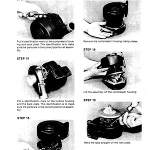 May include: A black and white technical diagram illustrating the disassembly of a mechanical component. The diagram includes step-by-step instructions with accompanying images, detailing the removal of bolts, plates, and housing components. Text includes "Disassembly" and "STEP" labels.