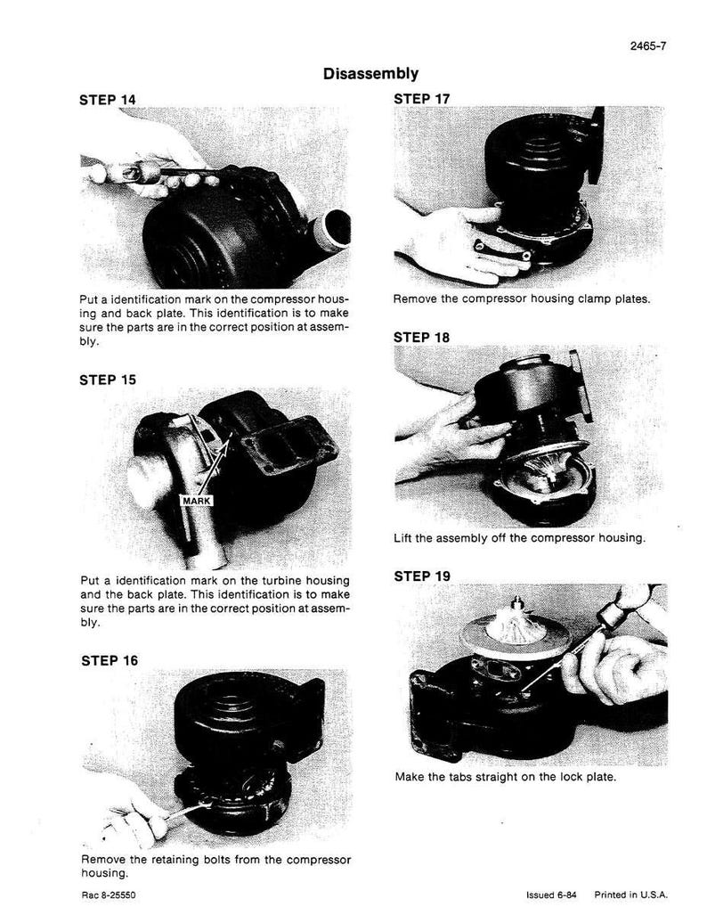 May include: A black and white technical diagram illustrating the disassembly of a mechanical component. The diagram includes step-by-step instructions with accompanying images, detailing the removal of bolts, plates, and housing components. Text includes "Disassembly" and "STEP" labels.