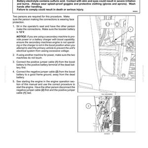 May include: A technical manual page titled Booster battery procedure, featuring a warning about sulfuric acid and hazardous chemicals. It includes numbered instructions and two black and white line drawings showing battery terminal connections.