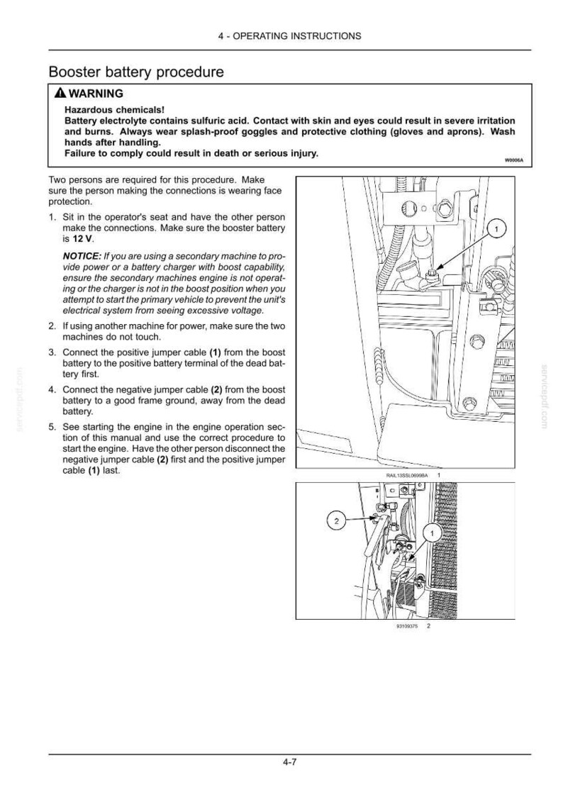 May include: A technical manual page titled Booster battery procedure, featuring a warning about sulfuric acid and hazardous chemicals. It includes numbered instructions and two black and white line drawings showing battery terminal connections.