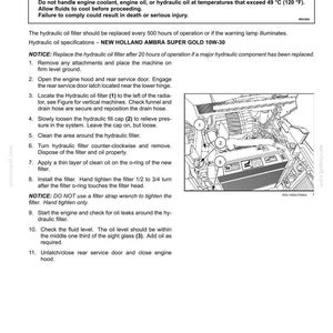May include: A technical maintenance document page titled Hydraulic oil filter, featuring a black and white line drawing of engine components labeled 1, 2, and 3, with detailed numbered instructions for replacing the filter and checking fluid levels.