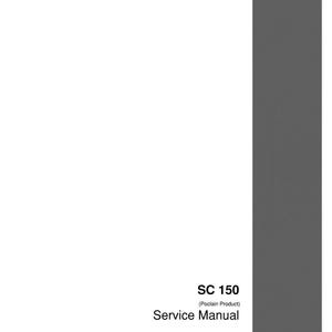 Op de afbeelding: Een witte servicehandleiding met de titel "SC 150" met de tekst "Service Manual" eronder. De handleiding heeft een grijze rand aan de rechterkant en een grijze balk bovenaan. Het Case-logo staat in de rechter benedenhoek.