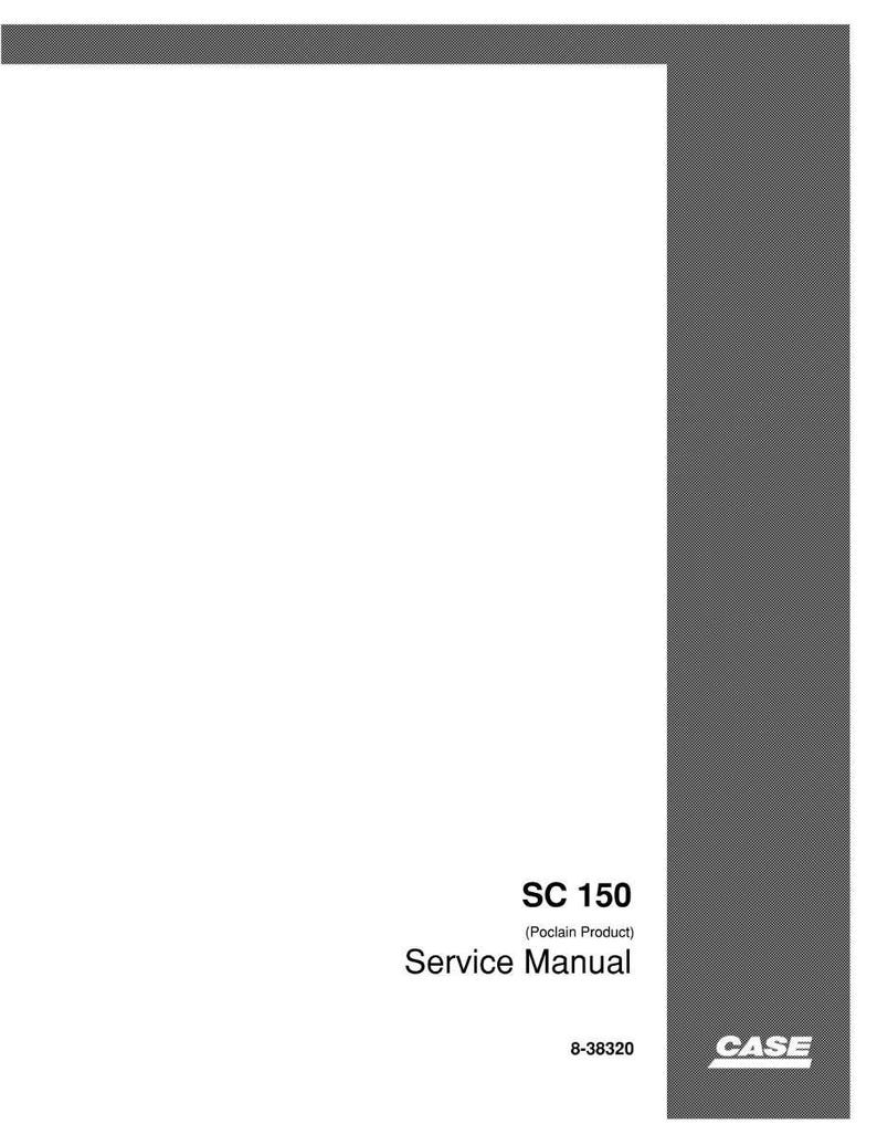 Op de afbeelding: Een witte servicehandleiding met de titel "SC 150" met de tekst "Service Manual" eronder. De handleiding heeft een grijze rand aan de rechterkant en een grijze balk bovenaan. Het Case-logo staat in de rechter benedenhoek.