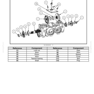 May include: An exploded diagram of a central gearbox housing, showing various mechanical components. Includes a lock nut, shims, pinion, tapered bearing, shaft, gear, spacer, cover, bolts, and a plug. The diagram is labeled with references.