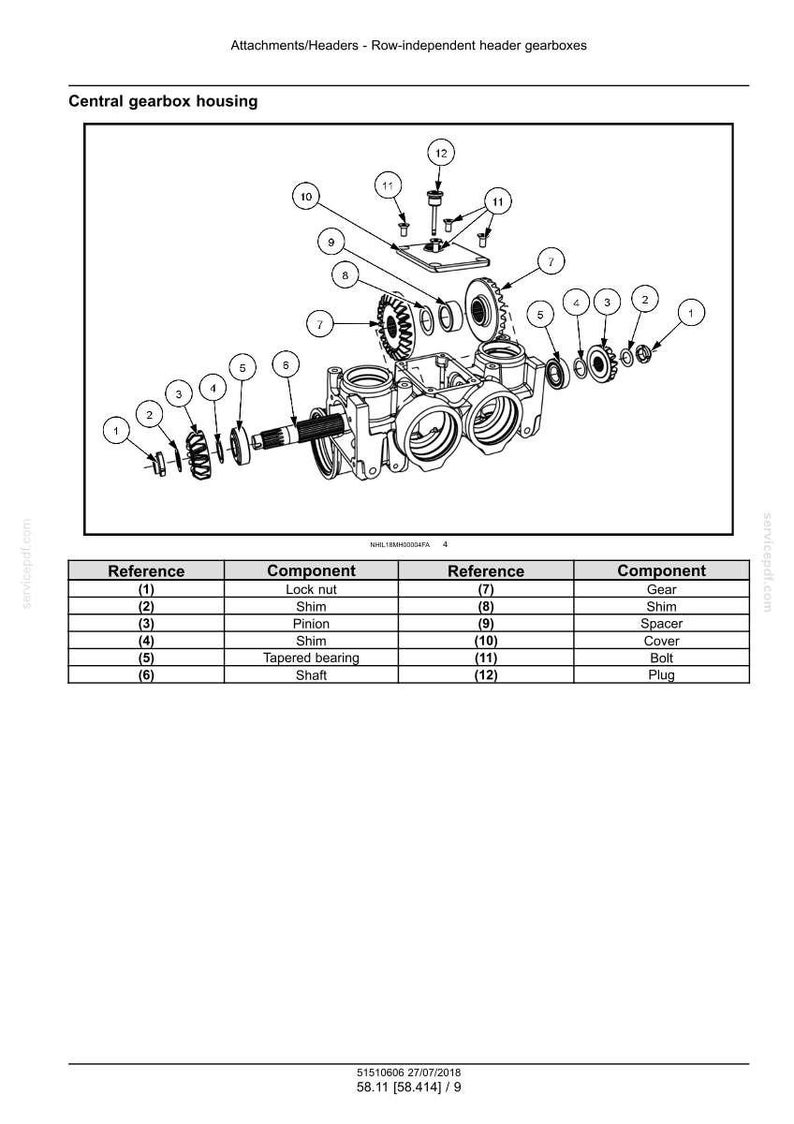 May include: An exploded diagram of a central gearbox housing, showing various mechanical components. Includes a lock nut, shims, pinion, tapered bearing, shaft, gear, spacer, cover, bolts, and a plug. The diagram is labeled with references.
