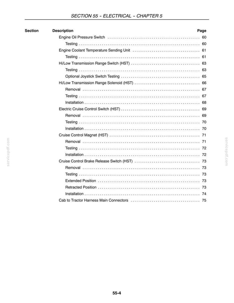 May include: A black and white technical document page titled Section 55 - Electrical - Chapter 5. The text lists various electrical components like Engine Oil Pressure Switch, Transmission Range Switch, and Cruise Control Magnet with page numbers.