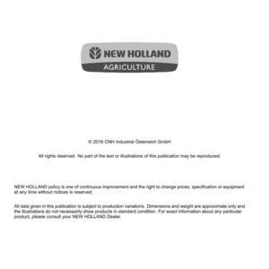 May include: A white document with the "NEW HOLLAND AGRICULTURE" logo in gray and white. The document includes text about technical publications and tools, copyright information, and a disclaimer about product variations.