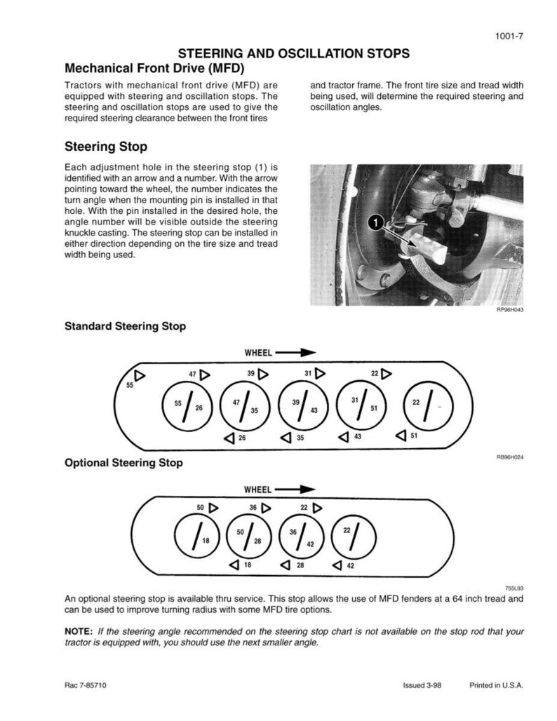 K&ouml;nnte beinhalten: Diagramm der Lenk- und Oszillationsanschl&auml;ge f&uuml;r Traktoren, mit Beschriftungen f&uuml;r mechanischen Frontantrieb (MFD) und Lenkanschlag-Einstellungen. Enth&auml;lt Diagramme von Standard- und optionalen Lenkanschl&auml;gen mit Winkelanzeigen.