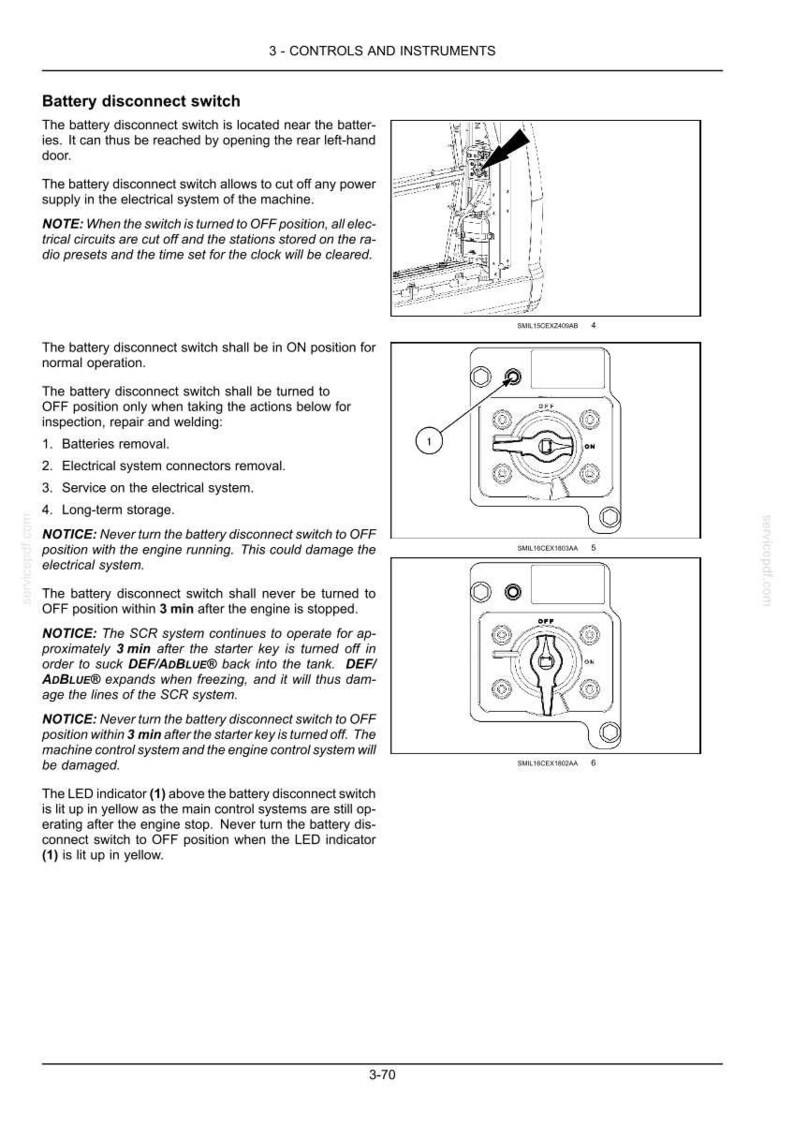 May include: Diagram of a battery disconnect switch with ON and OFF positions, labeled with text and a numbered indicator. The switch is a key-operated mechanism, part of a control system.