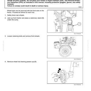 May include: Diagram of a tractor wheel hub removal procedure. The image includes illustrations of the steps, including blocking the rear wheels, jacking up the tractor, and removing the wheel hub bearing grease cup.