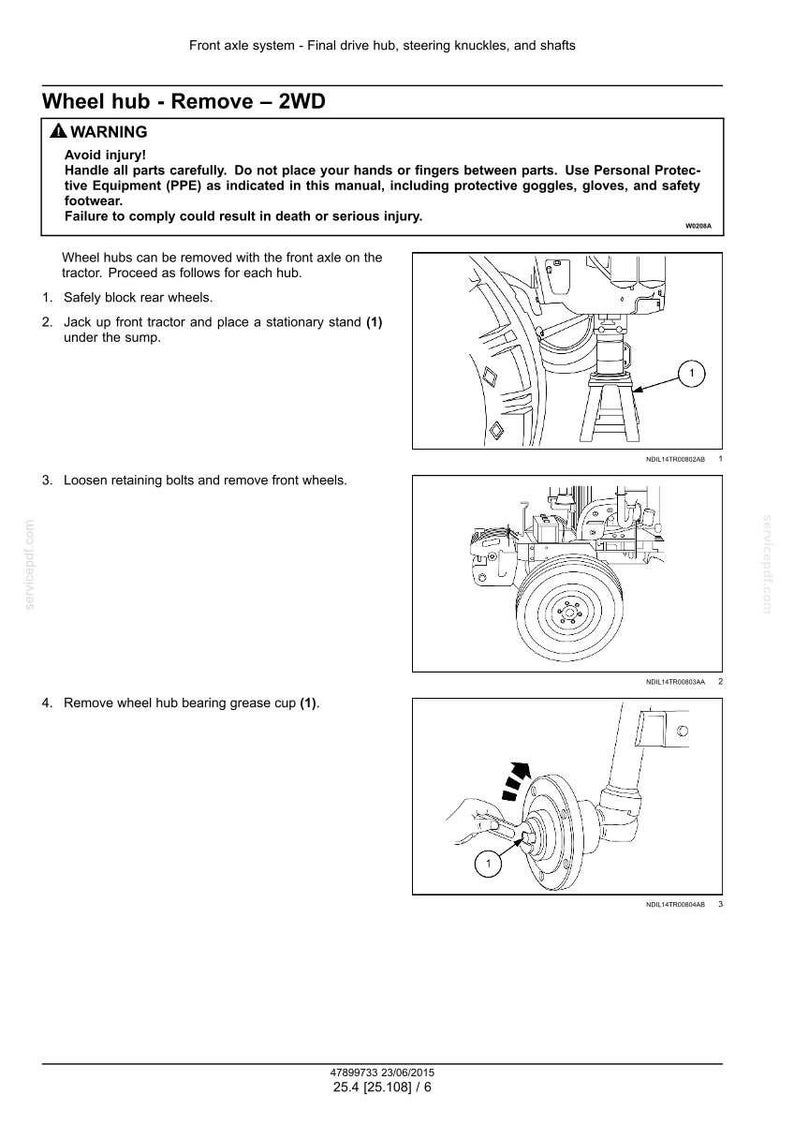 May include: Diagram of a tractor wheel hub removal procedure. The image includes illustrations of the steps, including blocking the rear wheels, jacking up the tractor, and removing the wheel hub bearing grease cup.