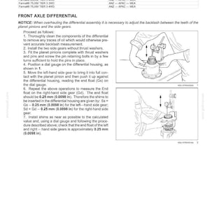 Op de afbeelding: Technische tekening met procedures voor het afstellen van het voorasdifferentieel. Bevat tekstinstructies en diagrammen voor het meten van de eindspeling, met metingen in millimeters. De tekening toont het gebruik van een meetklok.