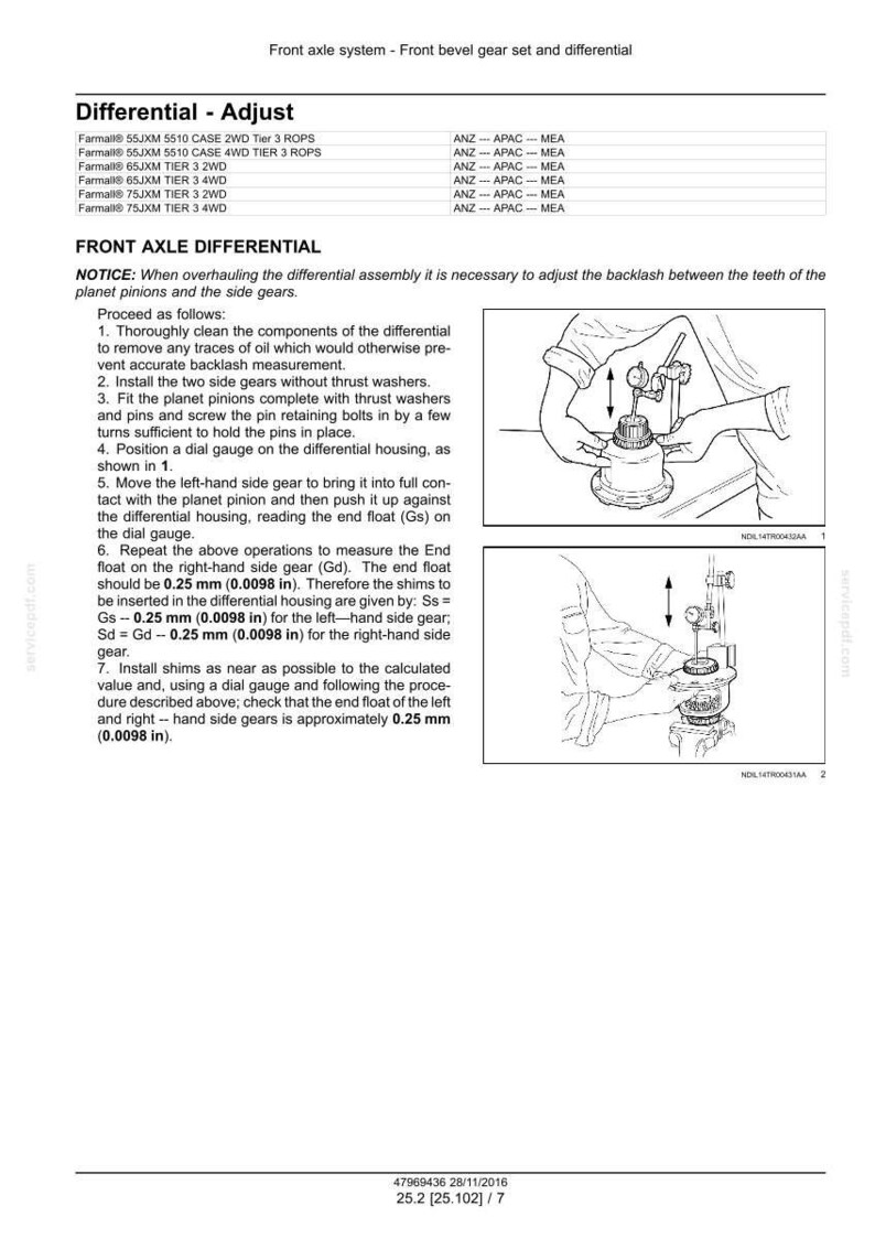 Op de afbeelding: Technische tekening met procedures voor het afstellen van het voorasdifferentieel. Bevat tekstinstructies en diagrammen voor het meten van de eindspeling, met metingen in millimeters. De tekening toont het gebruik van een meetklok.