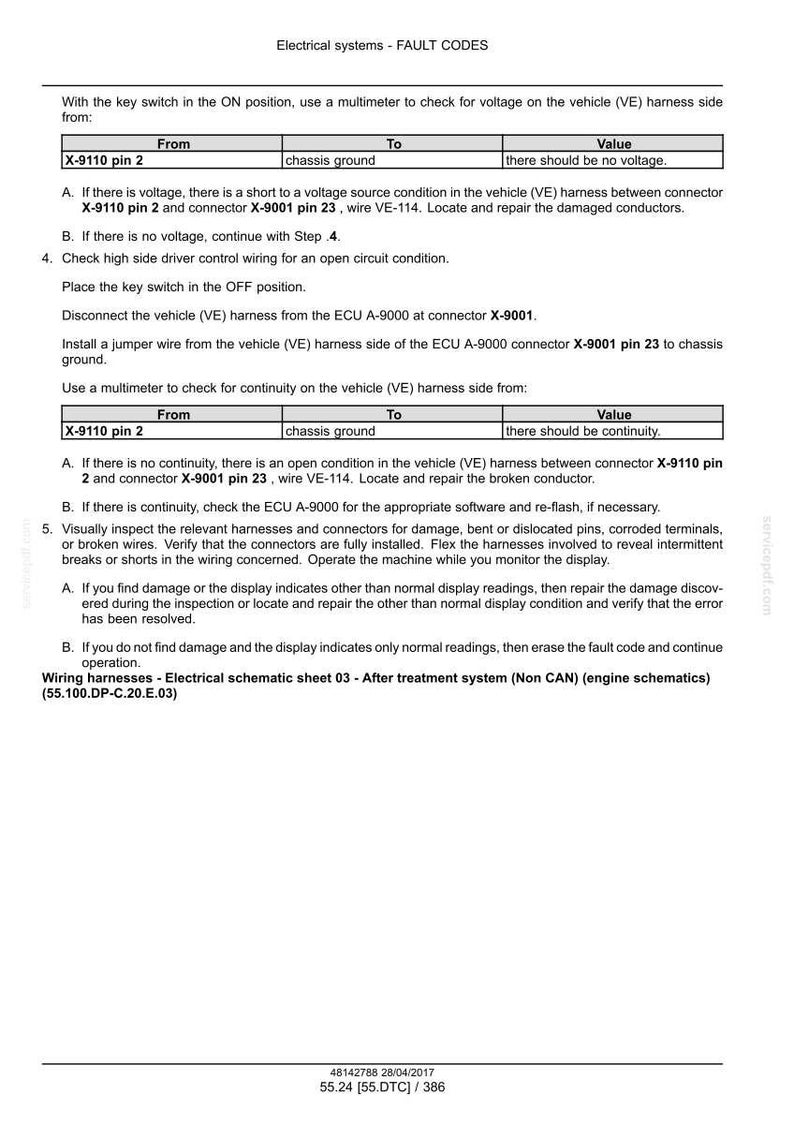 May include: A detailed technical diagram with text, titled "Electrical systems - FAULT CODES." It provides instructions for checking voltage and continuity in a vehicle's wiring harness, including specific connector references and troubleshooting steps. The document includes tables and diagrams.