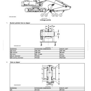 May include: Technical diagram of an excavator arm tool attachment, detailing service limits. The diagram includes labeled linkage points, dimensions in millimeters, and wear limits. Text includes "ARM TOOL ATTACHMENT Tilt - Service limits".