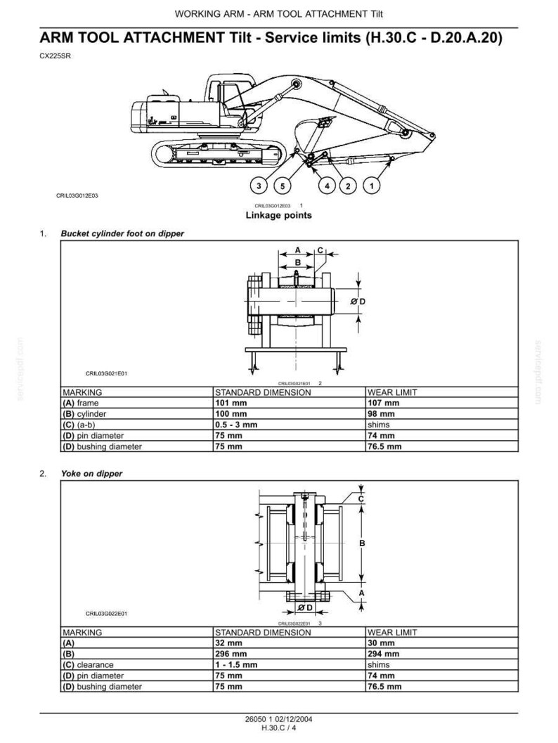 May include: Technical diagram of an excavator arm tool attachment, detailing service limits. The diagram includes labeled linkage points, dimensions in millimeters, and wear limits. Text includes "ARM TOOL ATTACHMENT Tilt - Service limits".